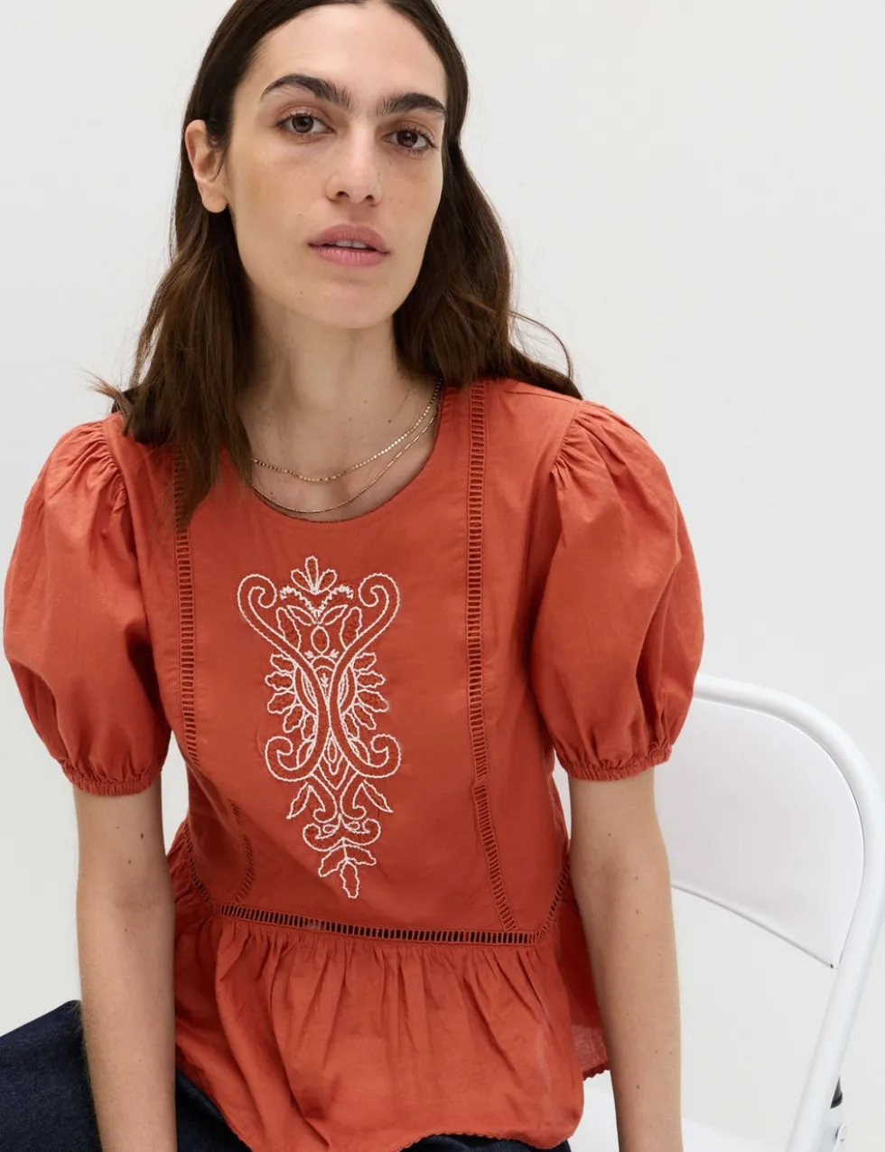 Pure Cotton Embroidered Puff Sleeve Blouse