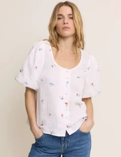 Pure Cotton Embroidered Puff Sleeve Blouse