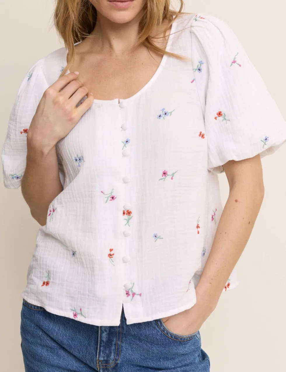Pure Cotton Embroidered Puff Sleeve Blouse