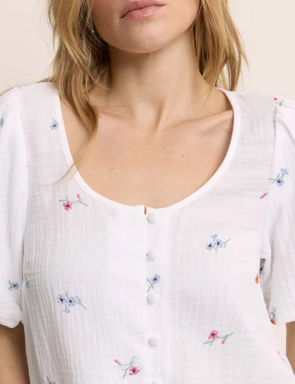 Pure Cotton Embroidered Puff Sleeve Blouse