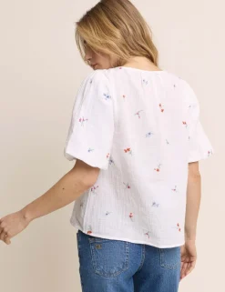 Pure Cotton Embroidered Puff Sleeve Blouse