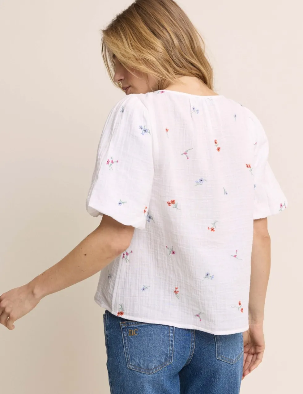 Pure Cotton Embroidered Puff Sleeve Blouse