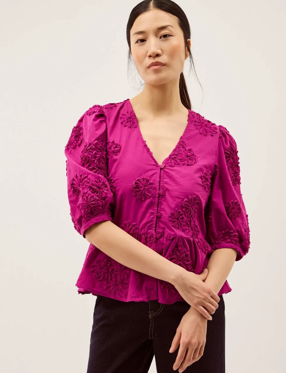 Pure Cotton Embroidered Puff Sleeve Peplum Top