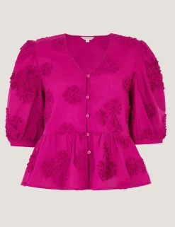 Pure Cotton Embroidered Puff Sleeve Peplum Top