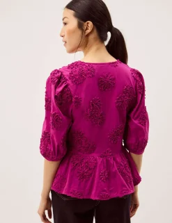 Pure Cotton Embroidered Puff Sleeve Peplum Top