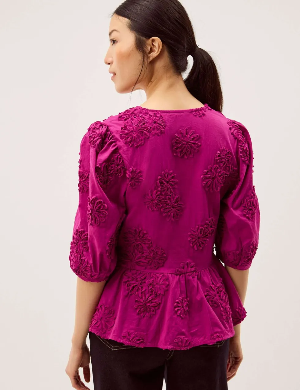 Pure Cotton Embroidered Puff Sleeve Peplum Top