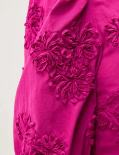 Pure Cotton Embroidered Puff Sleeve Peplum Top