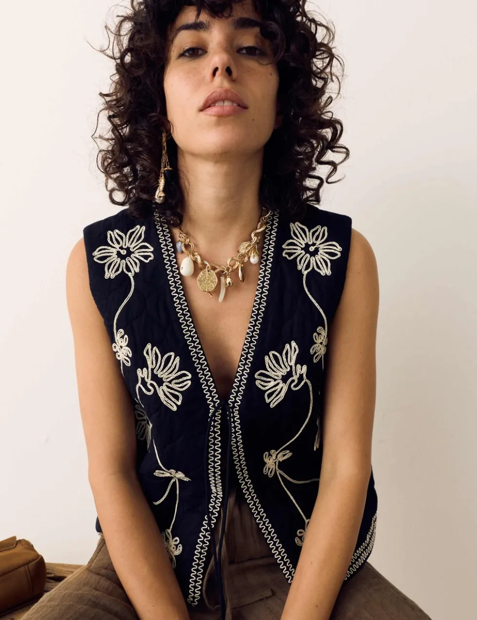 Pure Cotton Embroidered Quilted Gilet