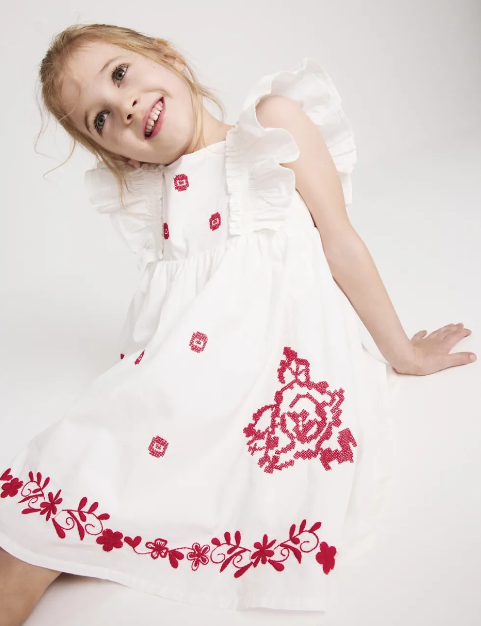 Pure Cotton Embroidered Ruffle Sleeve Dress (2-10 Yrs)