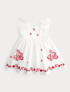 Pure Cotton Embroidered Ruffle Sleeve Dress (2-10 Yrs)