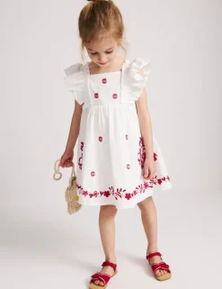 Pure Cotton Embroidered Ruffle Sleeve Dress (2-10 Yrs)