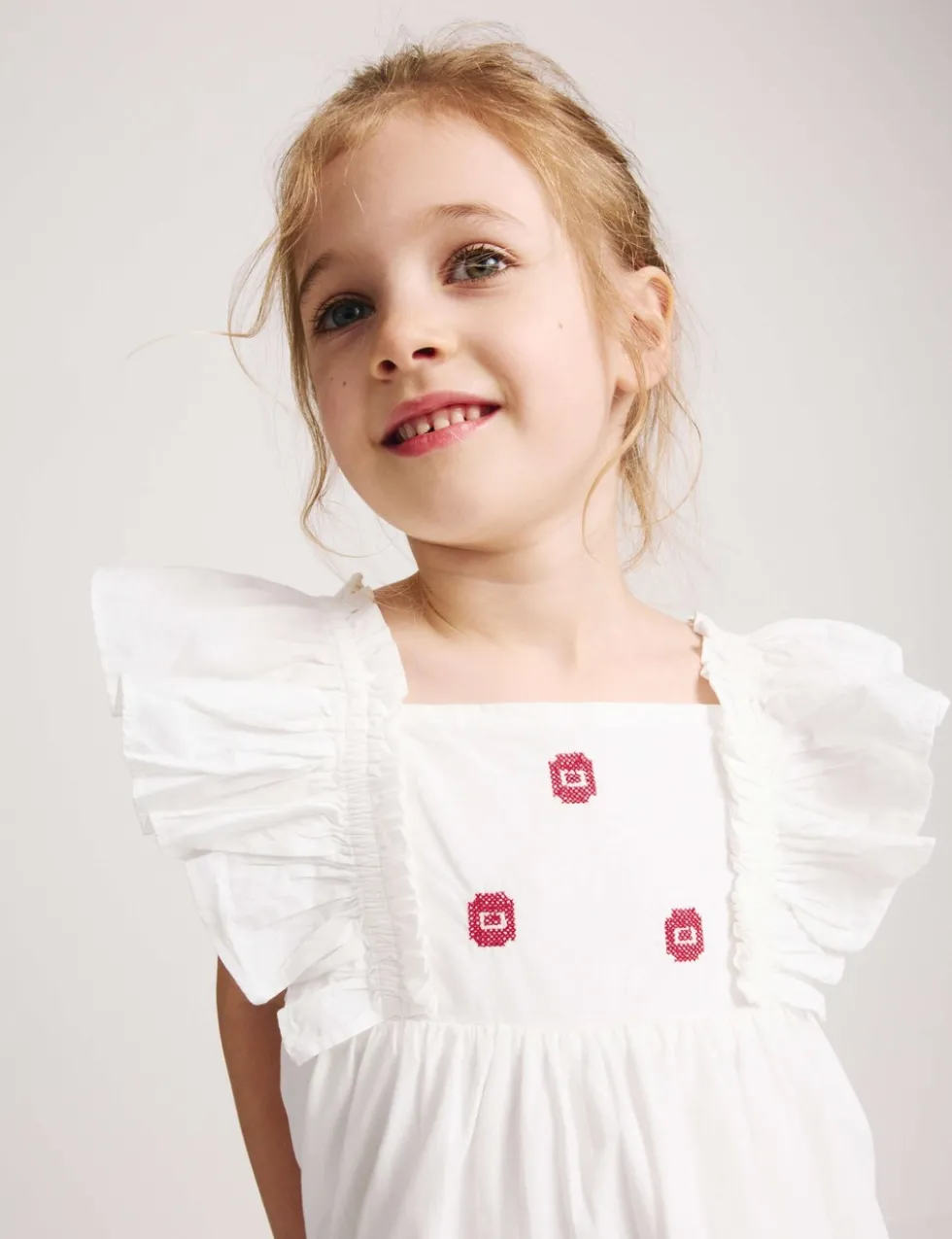 Pure Cotton Embroidered Ruffle Sleeve Dress (2-10 Yrs)
