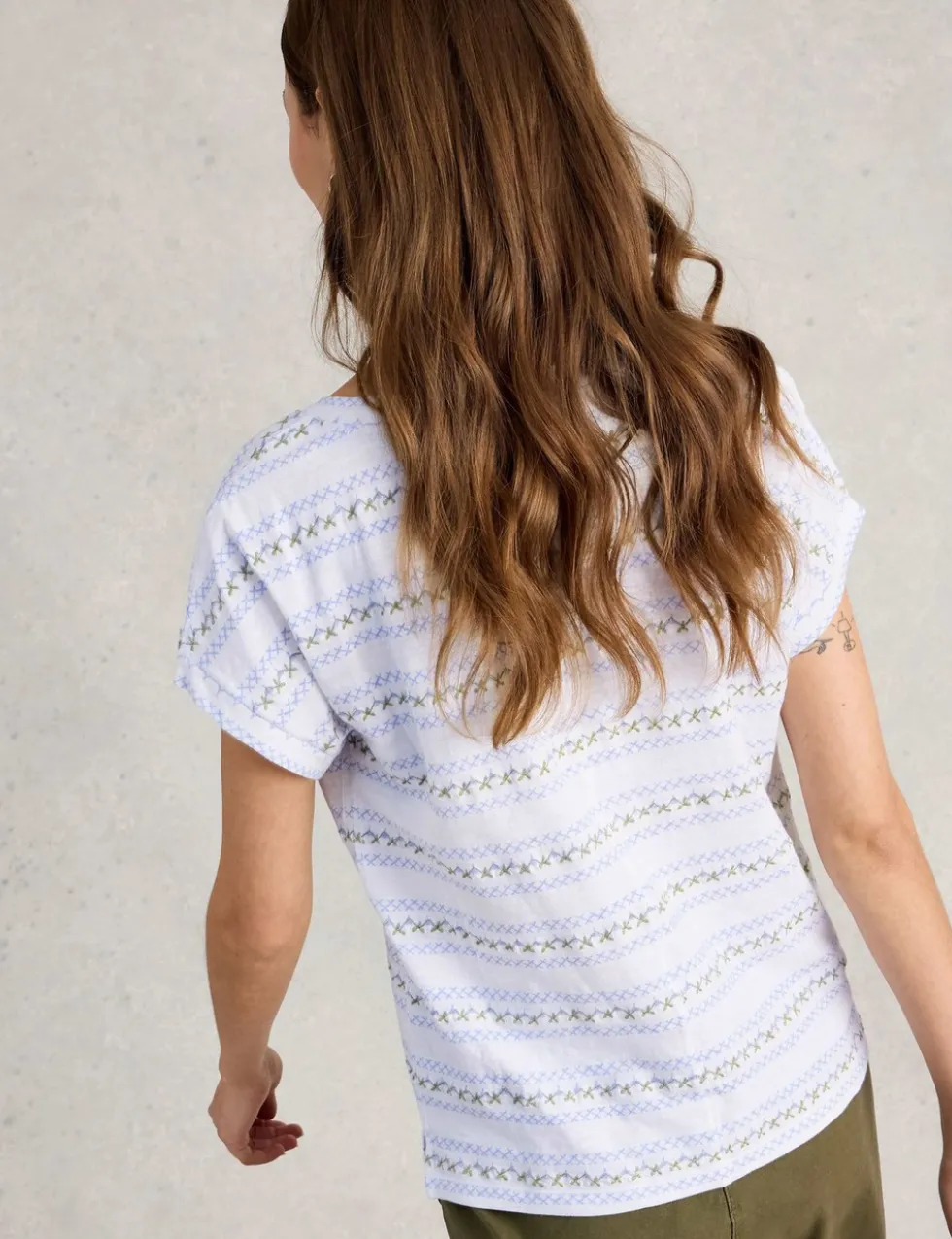 Pure Cotton Embroidered Stripe T-Shirt