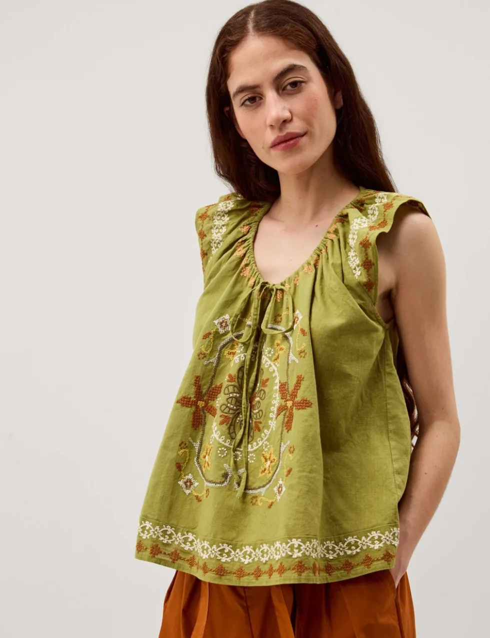 Pure Cotton Embroidered Tie Neck Blouse