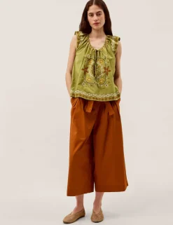 Pure Cotton Embroidered Tie Neck Blouse