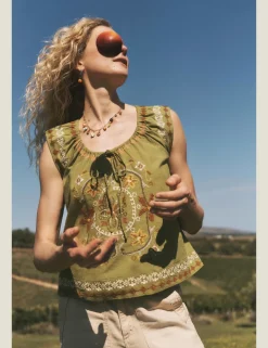 Pure Cotton Embroidered Tie Neck Blouse