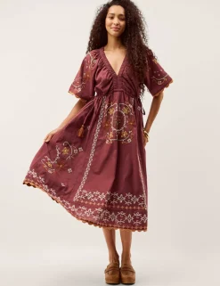 Pure Cotton Embroidered V-Neck Midaxi Dress