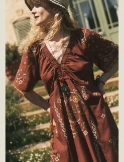 Pure Cotton Embroidered V-Neck Midaxi Dress