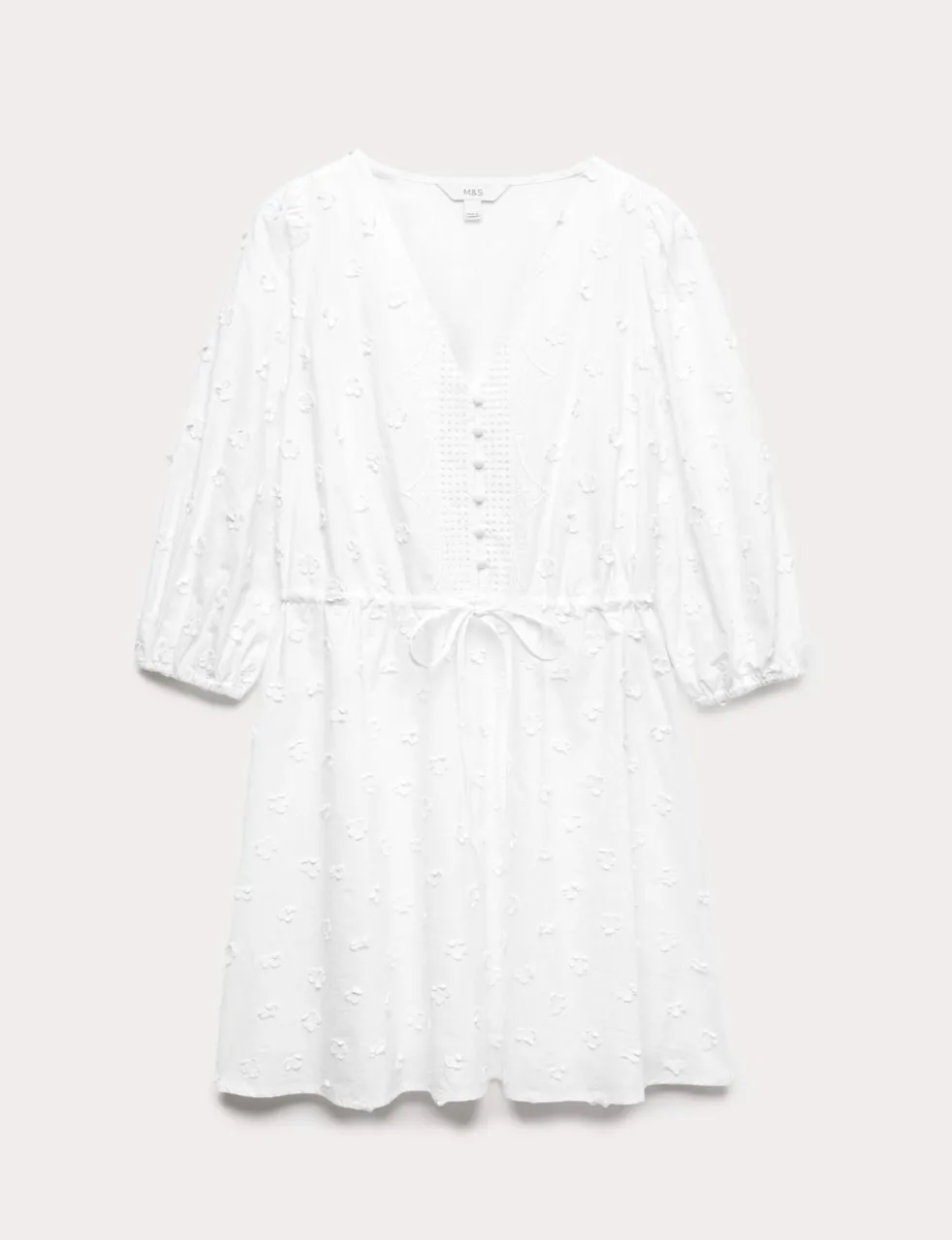 Pure Cotton Embroidered V-Neck Mini Waisted Dress