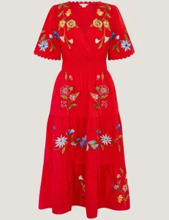 Pure Cotton Embroidered V-Neck Midi Dress