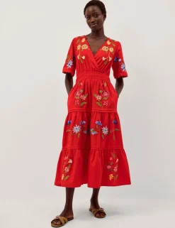 Pure Cotton Embroidered V-Neck Midi Dress