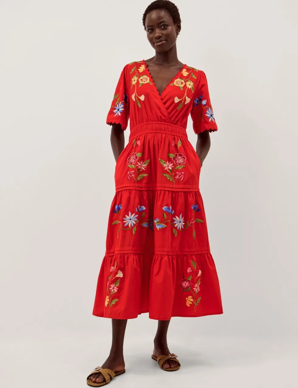 Pure Cotton Embroidered V-Neck Midi Dress
