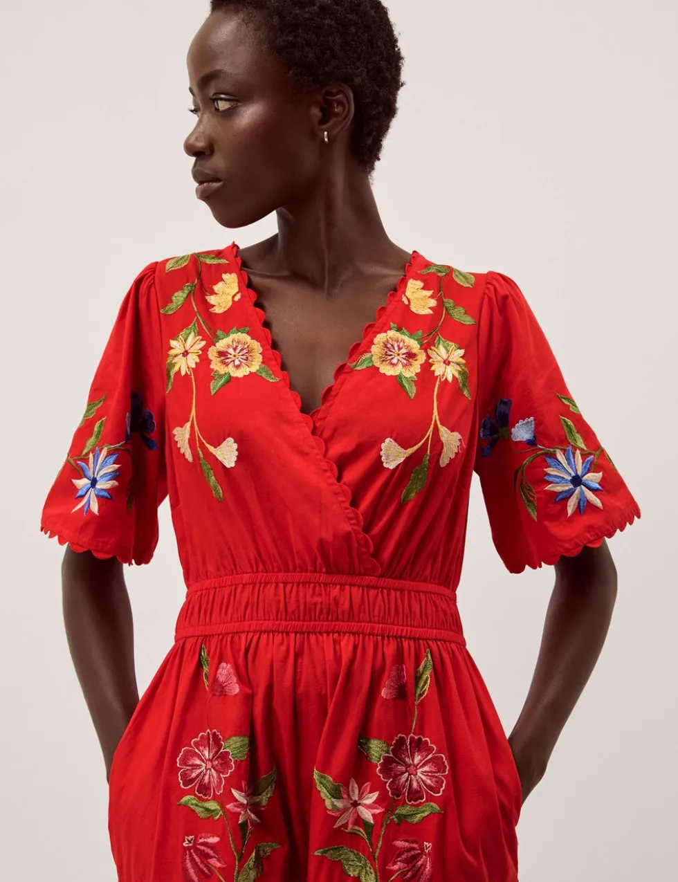 Pure Cotton Embroidered V-Neck Midi Dress
