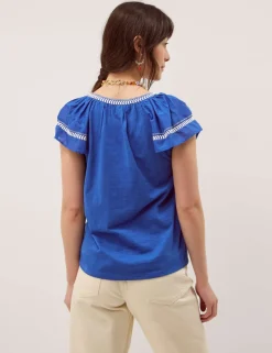 Pure Cotton Embroidered V-Neck Blouse