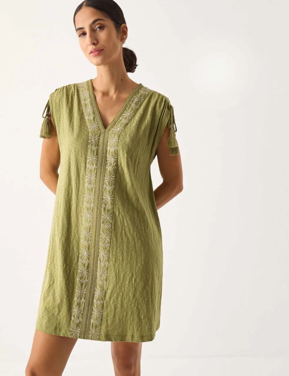 Pure Cotton Embroidered V-Neck Mini Kaftan