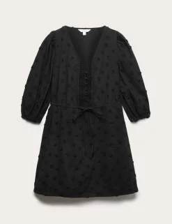 Pure Cotton Embroidered V-Neck Mini Waisted Dress
