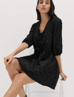 Pure Cotton Embroidered V-Neck Mini Waisted Dress