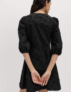 Pure Cotton Embroidered V-Neck Mini Waisted Dress