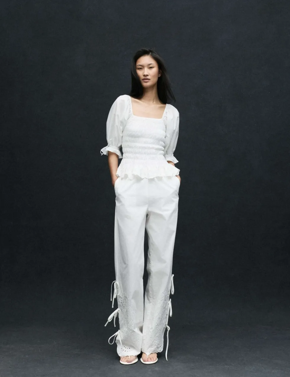 Pure Cotton Embroidered Wide Leg Trousers