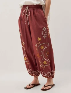 Pure Cotton Embroidered Wide Leg Trousers