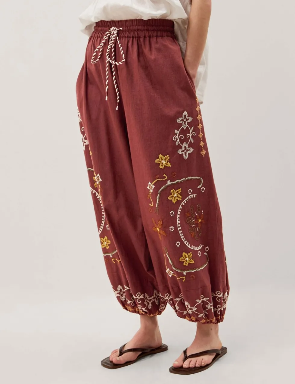 Pure Cotton Embroidered Wide Leg Trousers