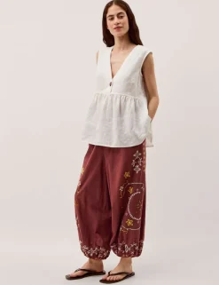 Pure Cotton Embroidered Wide Leg Trousers