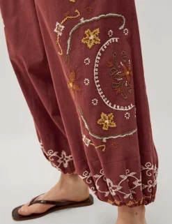 Pure Cotton Embroidered Wide Leg Trousers