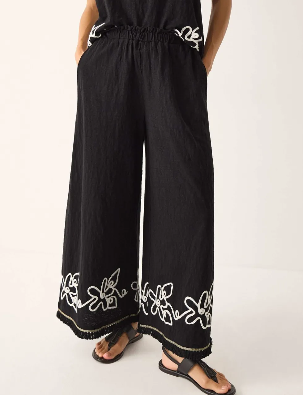 Pure Cotton Embroidered Wide Leg Trousers