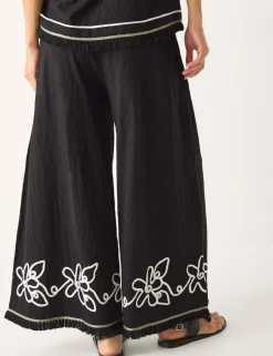 Pure Cotton Embroidered Wide Leg Trousers