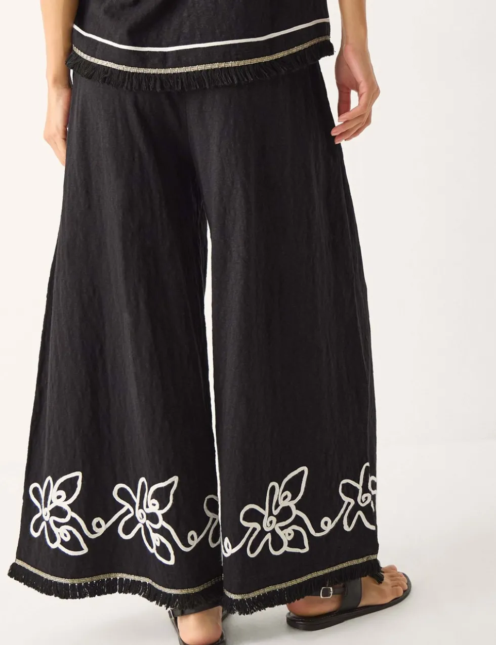 Pure Cotton Embroidered Wide Leg Trousers