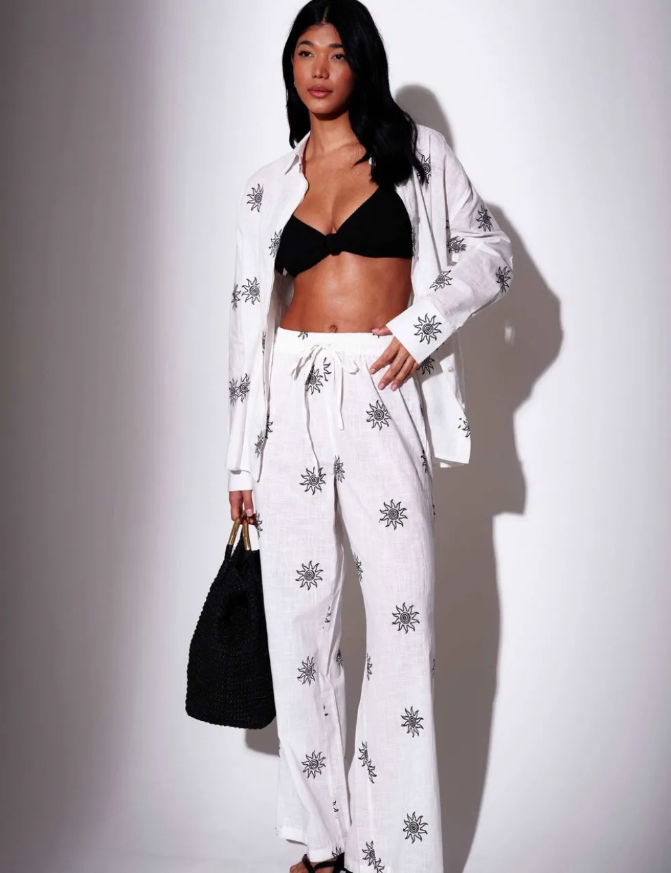 Pure Cotton Embroidered Wide Leg Trousers
