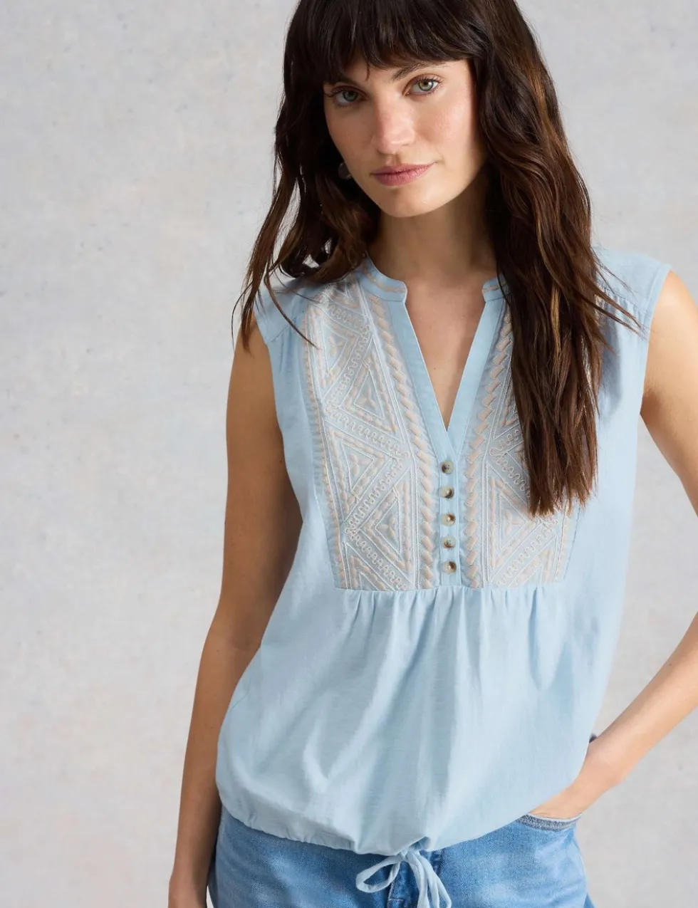 Pure Cotton Embroidery Tie Hem Top