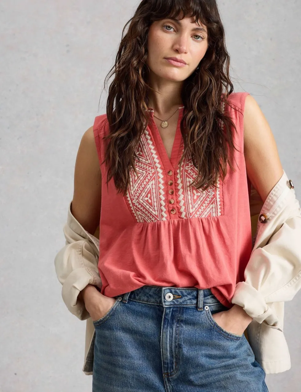 Pure Cotton Embroidery Tie Hem Top