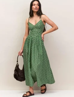 Pure Cotton Fan Print Midaxi Waisted Dress