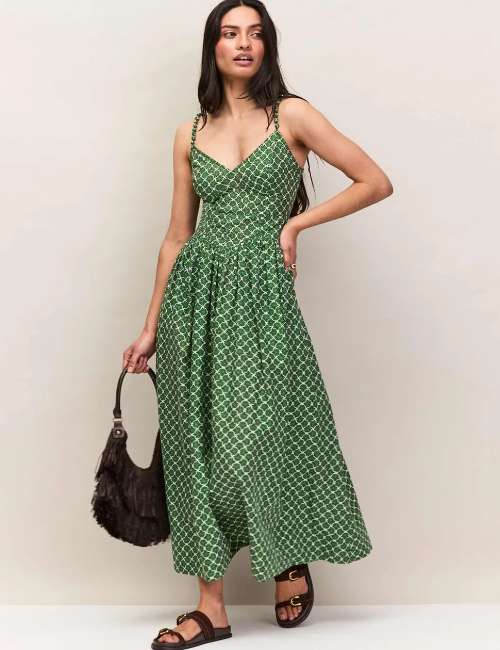 Pure Cotton Fan Print Midaxi Waisted Dress