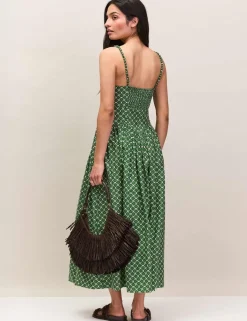 Pure Cotton Fan Print Midaxi Waisted Dress