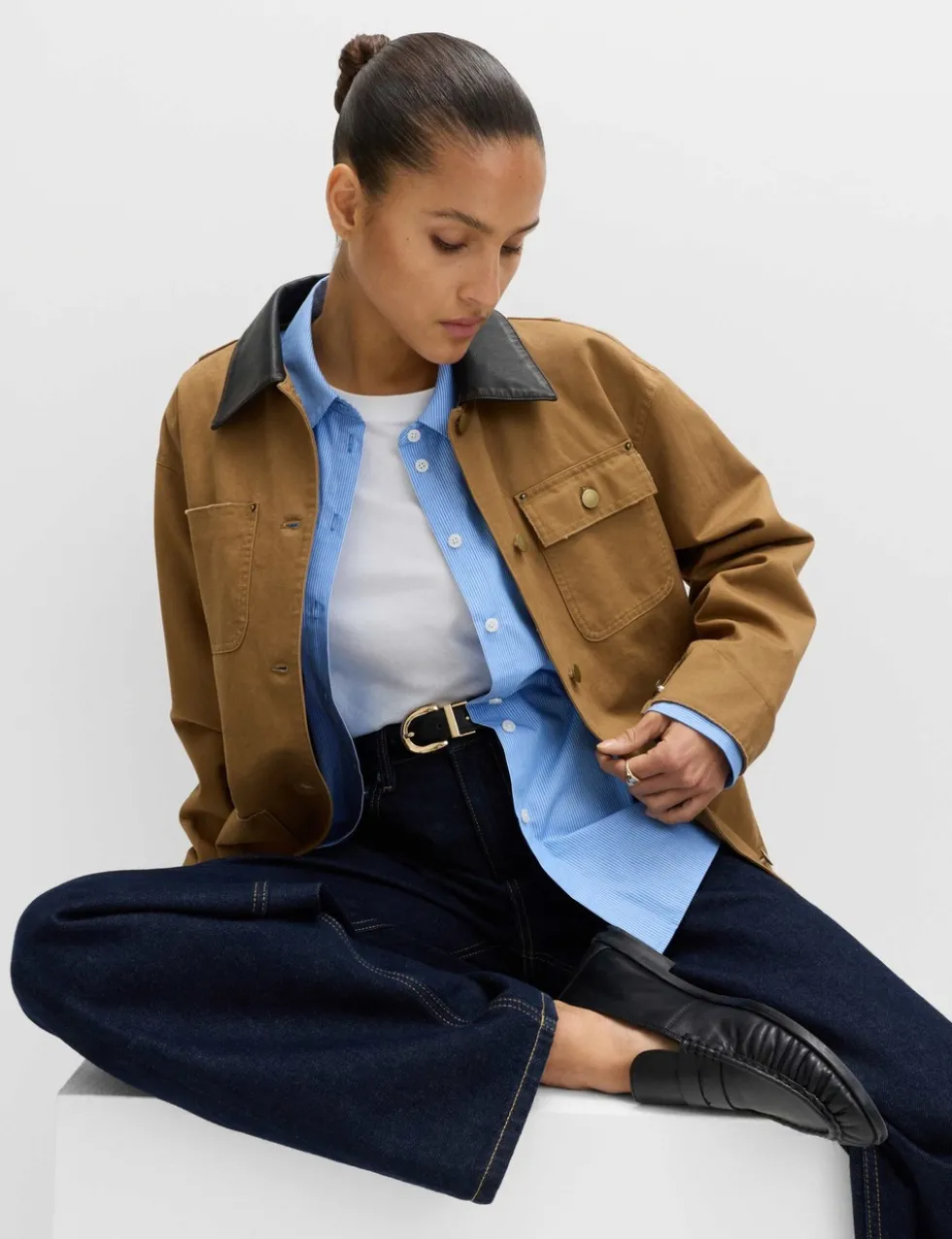 Pure Cotton Faux Leather Collared Barn Jacket
