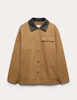Pure Cotton Faux Leather Collared Barn Jacket