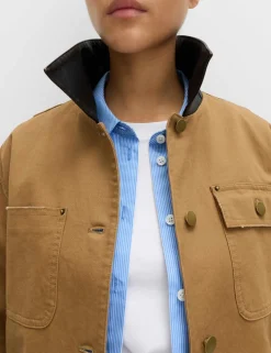 Pure Cotton Faux Leather Collared Barn Jacket