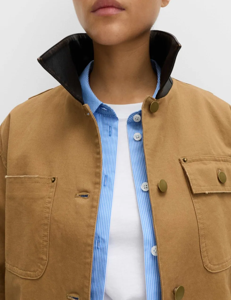 Pure Cotton Faux Leather Collared Barn Jacket